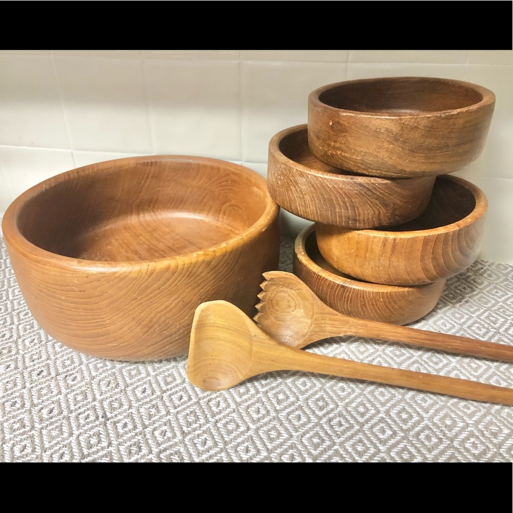 Vintage Dolphin Teak Wood Salad Bowl Set